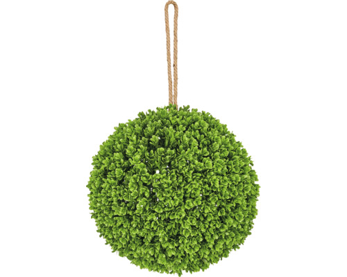 Kunstmatige buxusbol met jute touw om op te hangen.
