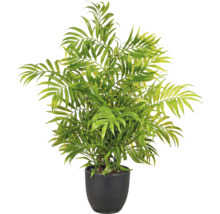 Kunstmatige bergpalm met groene bladeren in een zwarte pot.