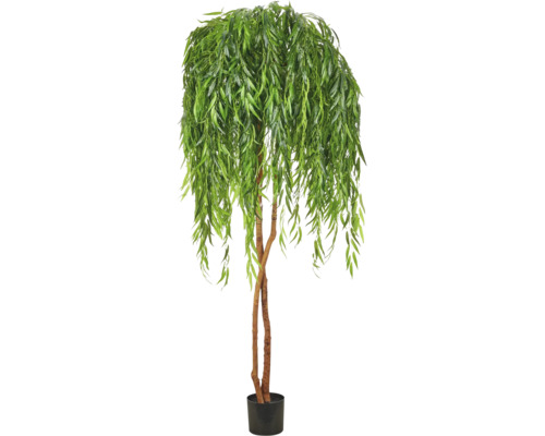 Kunstwilg met hangende groene bladeren en twee gevlochten stammen in een zwarte pot.