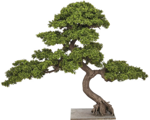 Kunstmatige bonsai met gebogen stam, groene naalden en zichtbare wortels op een platte, vierkante basis.