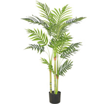 Kunstpalm met meerdere stammen en groene bladeren in een zwarte kunststof pot.