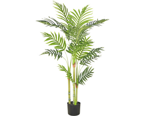 Kunstpalm met meerdere stammen en groene bladeren in een zwarte kunststof pot.