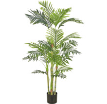 Kunstpalm met meerdere stammen en groene varenbladeren in een eenvoudige zwarte pot.