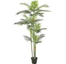 Kunstpalm met meerdere stammen en groene bladeren in een zwarte pot, kunstplant voor binnendecoratie.