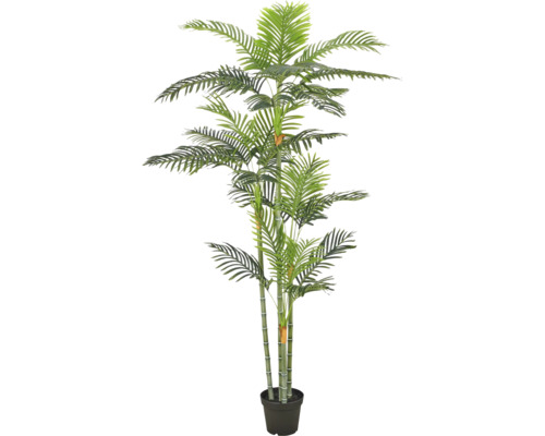 Kunstpalm met meerdere stammen en groene bladeren in een zwarte pot, kunstplant voor binnendecoratie.