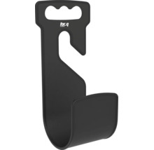 Zwarte for.q wandhouder van kunststof voor tuinslangen of gereedschap met handvat, haak en for.q Logo.