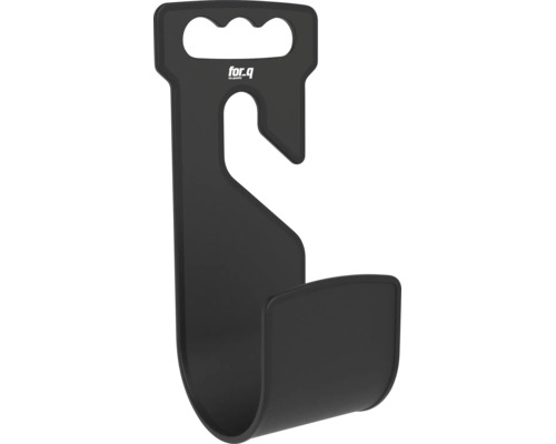 Zwarte for.q wandhouder van kunststof voor tuinslangen of gereedschap met handvat, haak en for.q Logo.