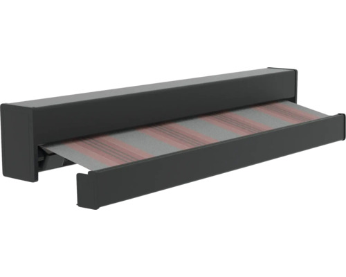 Volledig cassettescherm met gestreepte stof in grijs en rood, donkere metalen behuizing.