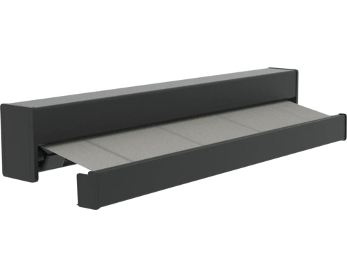 Antracietkleurig cassettescherm met gedeeltelijk uitgeschoven grijs doek voor zonwering.