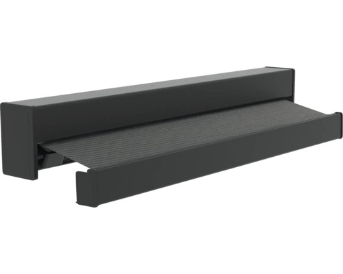 Volledig cassette zonnescherm in zwart, modern hoekig design, doek licht uitgeschoven, zonwering voor terras en balkon.