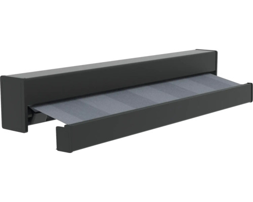 Cassettescherm in antraciet met grijs doek, zonwering voor terras en balkon.