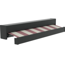 Volledige cassetteluifel met bordeaux-wit gestreepte stof en antracietkleurige cassette.