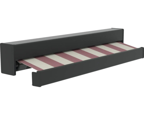 Volledige cassetteluifel met bordeaux-wit gestreepte stof en antracietkleurige cassette.