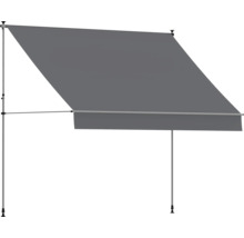 Grijze klemmmarkise met metalen telescoopstangen voor balkon of terras.
