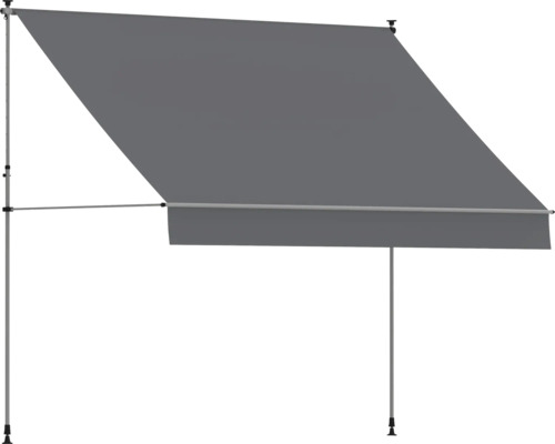 Grijze klemmmarkise met metalen telescoopstangen voor balkon of terras.
