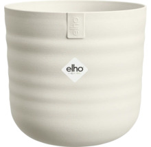 Ronde plantenpot van Elho met een horizontaal geribbelde oppervlaktestructuur en Elho Logo.