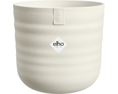 Ronde plantenpot van Elho met een horizontaal geribbelde oppervlaktestructuur en Elho Logo.