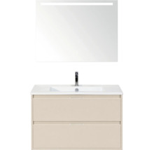 Badmeubelset met lichtbeige onderkast, twee laden, witte wastafel, kraan en spiegel met ledverlichting.