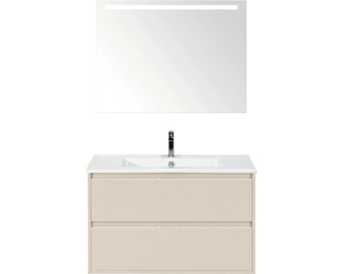 Badmeubelset met lichtbeige onderkast, twee laden, witte wastafel, kraan en spiegel met ledverlichting.