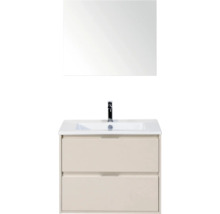 Moderne wastafelmeubelset met spiegel, witte wastafel inclusief kraan en een onderkast in zandkleur met twee laden.
