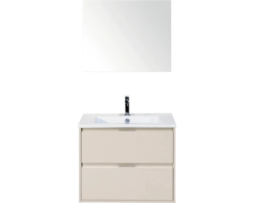 Moderne wastafelmeubelset met spiegel, witte wastafel inclusief kraan en een onderkast in zandkleur met twee laden.