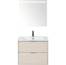 Moderne badkamermeubelset met beige onderkast, twee laden, witte keramische wastafel, kraan en verlichte spiegel.