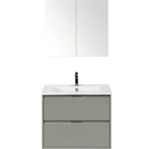 Badkamermeubelset met een spiegelkast, een witte wastafel inclusief kraan en een grijze onderkast met twee laden.