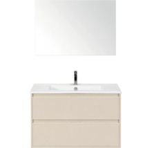 Wastafelset bestaande uit een spiegel, witte wastafel met chromen kraan en beige onderkast met twee laden.
