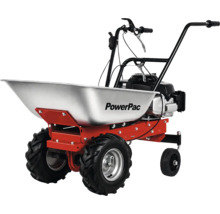 PowerPac gemotoriseerde kruiwagen met verzinkte bak, rood frame en terreinbanden.