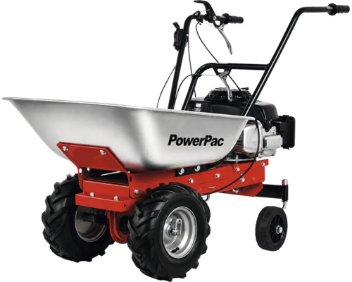 PowerPac gemotoriseerde kruiwagen met verzinkte bak, rood frame en terreinbanden.