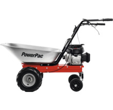 PowerPac gemotoriseerde kruiwagen met verzinkte bak, rood frame, benzinemotor en vier wielen.