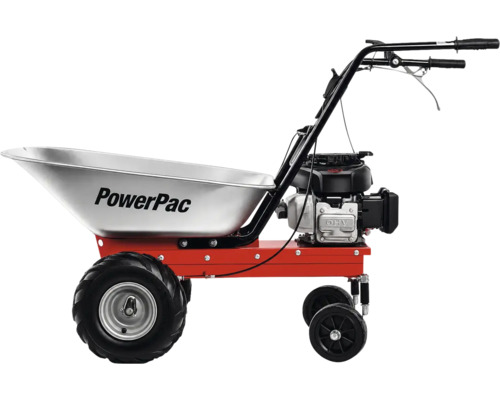 PowerPac gemotoriseerde kruiwagen met verzinkte bak, rood frame, benzinemotor en vier wielen.
