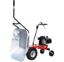 PowerPac gemotoriseerde kruiwagen met benzinemotor, grote metalen bak en luchtbanden voor zwaar transport op de bouwplaats of in de tuin.