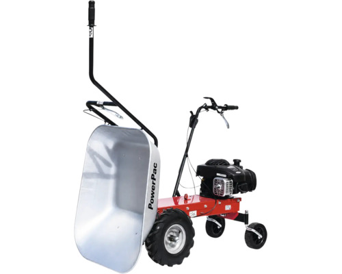 PowerPac gemotoriseerde kruiwagen met benzinemotor, grote metalen bak en luchtbanden voor zwaar transport op de bouwplaats of in de tuin.