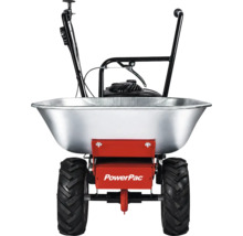 PowerPac gemotoriseerde kruiwagen met verzinkte bak, terreinbanden en benzinemotor.