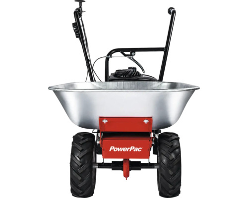 PowerPac gemotoriseerde kruiwagen met verzinkte bak, terreinbanden en benzinemotor.