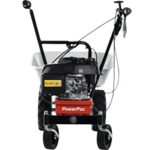 Gemotoriseerde kruiwagen PowerPac met Honda motor, terreinbanden en metalen bak.