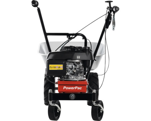 Gemotoriseerde kruiwagen PowerPac met Honda motor, terreinbanden en metalen bak.