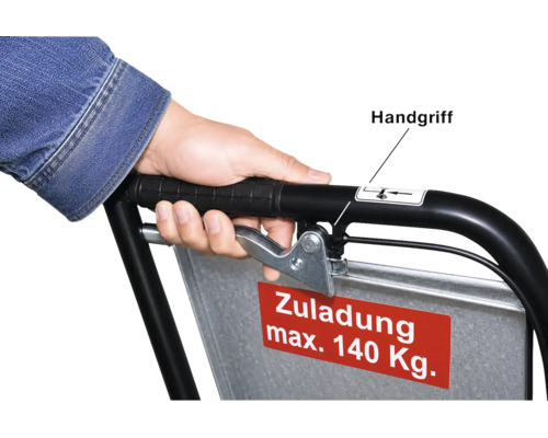 Hand op de handgreep van een transportwagen met remhendel en een bordje voor de maximale belading van 140 kilogram.