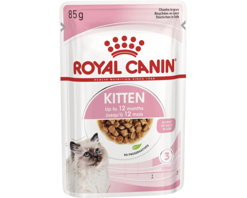 Royal Canin Logo, Royal Canin Kitten natvoer, brokjes in saus, 85 gram, voor kittens tot 12 maanden, zonder conserveermiddelen.