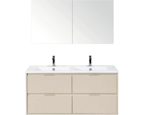 Moderne badkamermeubelset met dubbele wastafel, twee kranen, beige onderkast met vier laden en een spiegelkast.