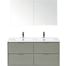 Dubbele wastafel met onderkast en spiegelkast in modern design met vier lades en twee kranen.