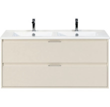 Dubbele wastafel met onderkast, twee wasbakken, twee kranen en twee laden in beige.