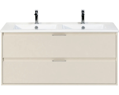 Dubbele wastafel met onderkast, twee wasbakken, twee kranen en twee laden in beige.