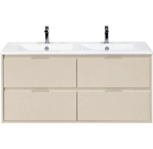 Dubbel wastafelmeubel in beige met vier laden, twee witte wasbakken en verchroomde kranen.