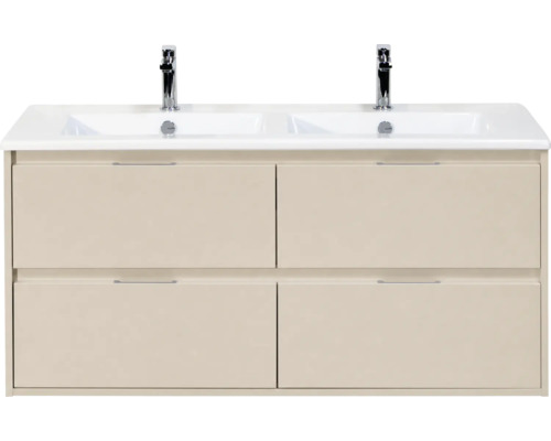 Dubbel wastafelmeubel in beige met vier laden, twee witte wasbakken en verchroomde kranen.