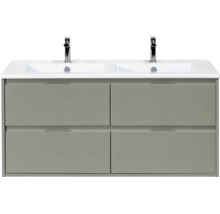 Dubbele wastafel met witte wasbak, twee chromen kranen en grijs ondermeubel met vier laden.