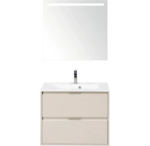 Badkamermeubelset met wastafel, beige onderkast met twee laden, kraan en spiegel met ledverlichting.