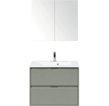 Badkamermeubelset bestaande uit een grijze onderkast met twee lades, een witte wastafel met kraan en een spiegelkast.
