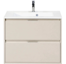 Wastafelonderkast met twee laden, witte wastafel en verchroomde kraan.
